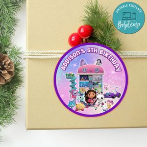 Gabby Dollhouse Circle Sticker Template Customizable to Print at Home Instant Download