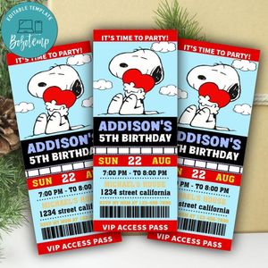 Snoopy Ticket Invitation Customizable Template Instant Download