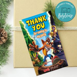 Crash bandicoot Thank you tag Customizable Template to Print at Home Instant Download