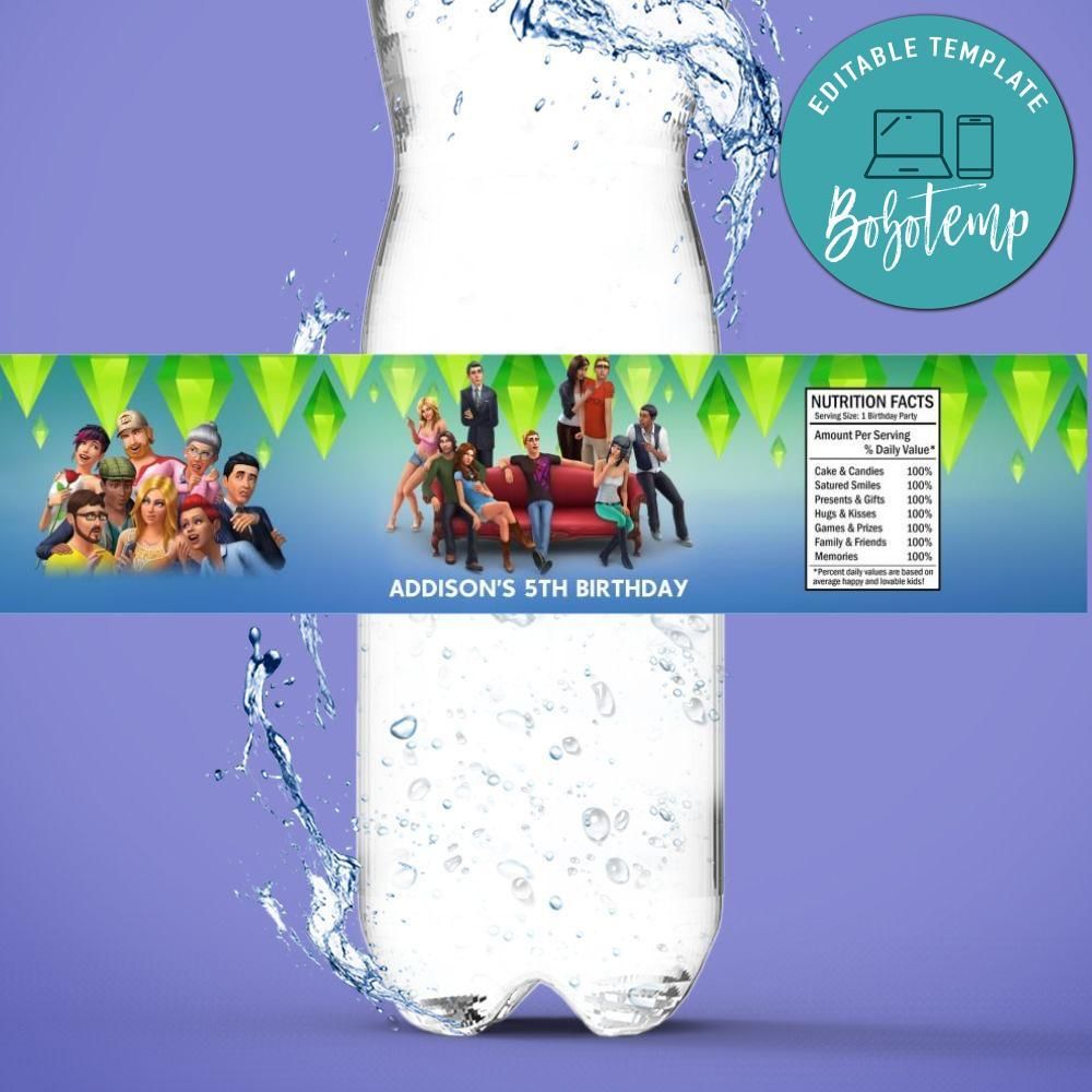 The Sims 4 Bottle Label Birthday Water Bottle Label Template to Print at Home Instant Download