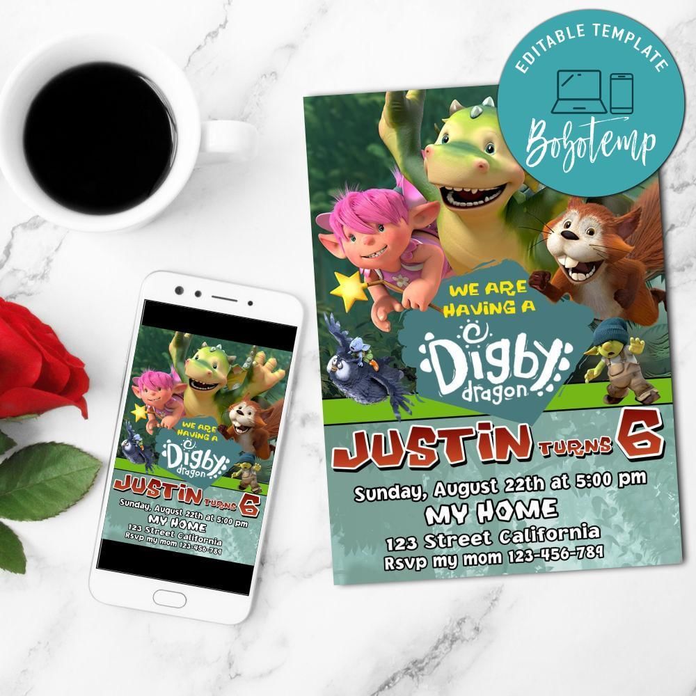 Digby Dragon Mobile Invite Customizable Template Instant Download