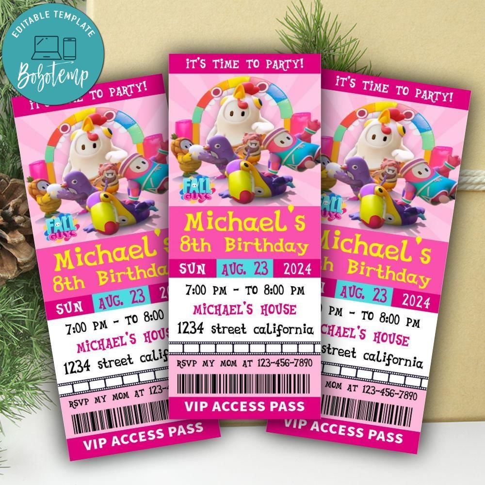 Fall Guys Ticket Invitation Customizable Template | Bobotemp