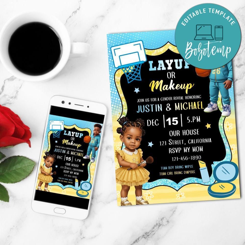 Layup or Makeup Gender Reveal Mobile Invite Customizable Template Instant Download