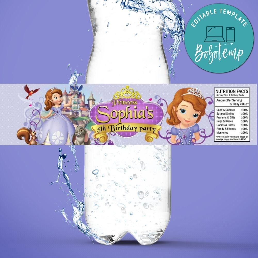 Princess Sofia Bottle Label Birthday Water Bottle Label Template to Print at Home Instant Download