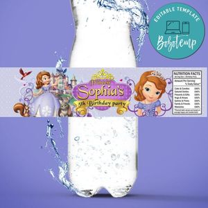 Princess Sofia Bottle Label Birthday Water Bottle Label Template to Print at Home Instant Download