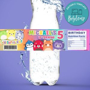 Squishmallow Birthday Water Bottle Label Template to Print at Home Instant Download