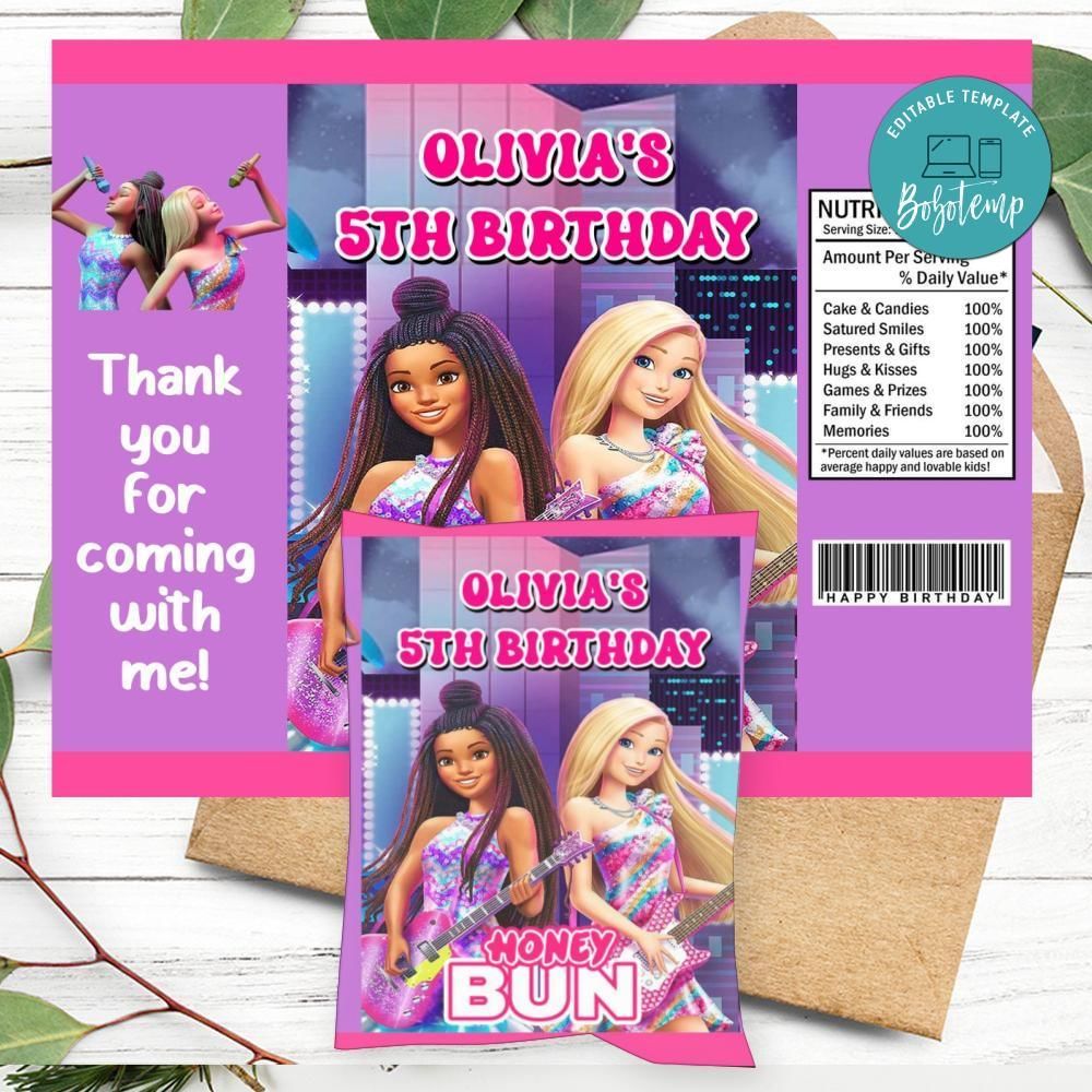 Barbie Big City Birthday Honey Buns Snack Bag Label Customizable Instant Download
