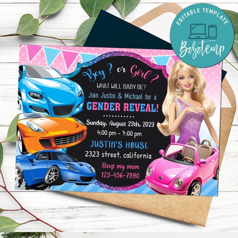 Cars and Barbie Gender Reveal Invitation Digital File Printable Instant Download