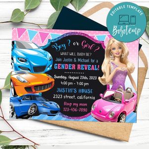 Cars and Barbie Gender Reveal Invitation Digital File Printable Instant Download