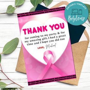 Pink Breast cancer Thank you card Customizable Template to Print at Home Instant Download