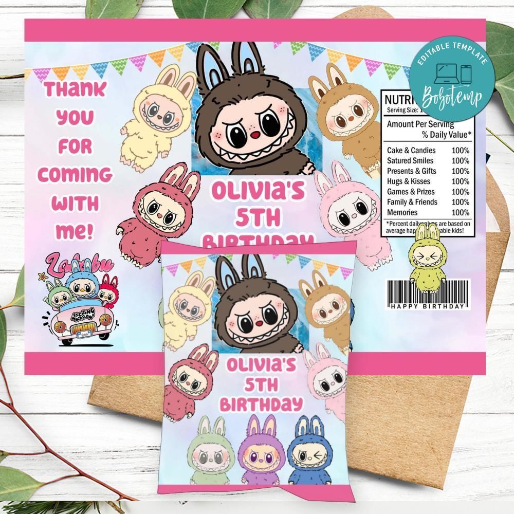 Labubu Birthday Chip Bag Label Customizable Instant Download