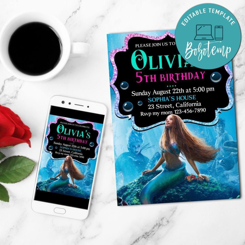 The Little Mermaid Mobile Invite Customizable Template Instant Download