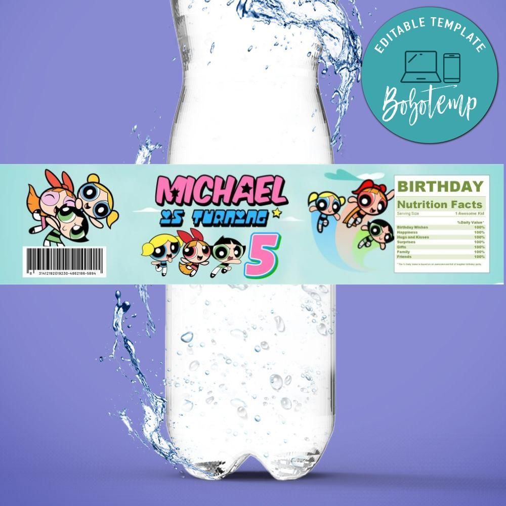 Powerpuff Birthday Water Bottle Label Template to Print at Home Instant Download