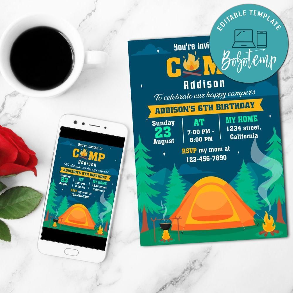 Camping Mobile Invite Customizable Template Instant Download