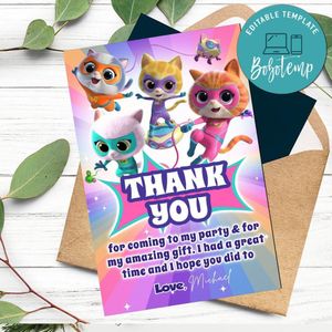 Super Kitties Thank You Card Customizable Template To Print At Home Instant Download