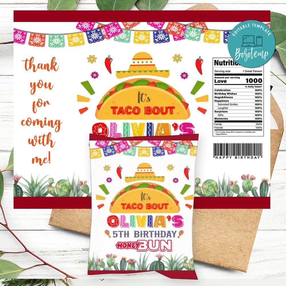 Taco Birthday Honey Buns Snack Bag Label Customizable Instant Download