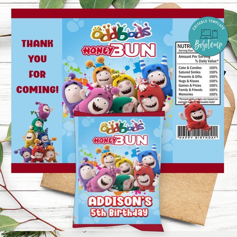 Oddbods Birthday Honey Buns Snack Bag Label Customizable Instant Download