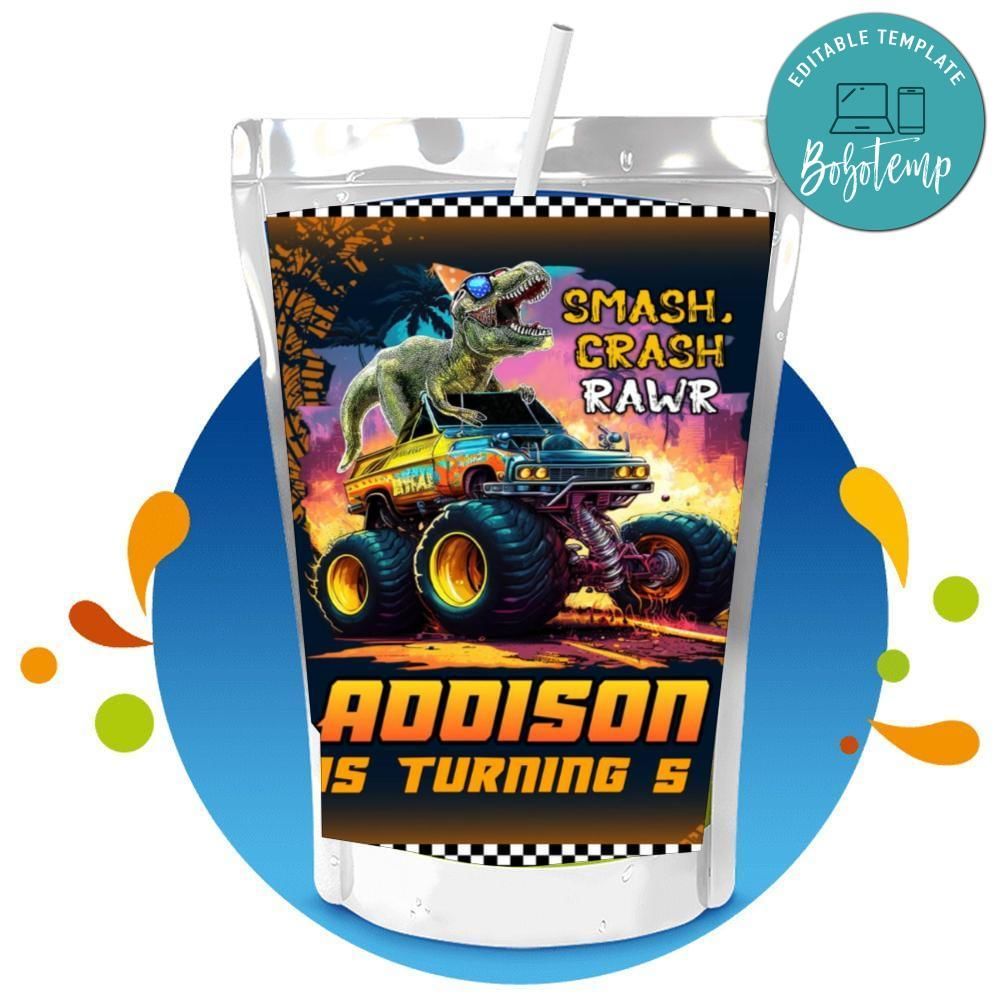 T Rex Monster Truck Capri Sun Birthday Labels Digital File Printable Instant Download