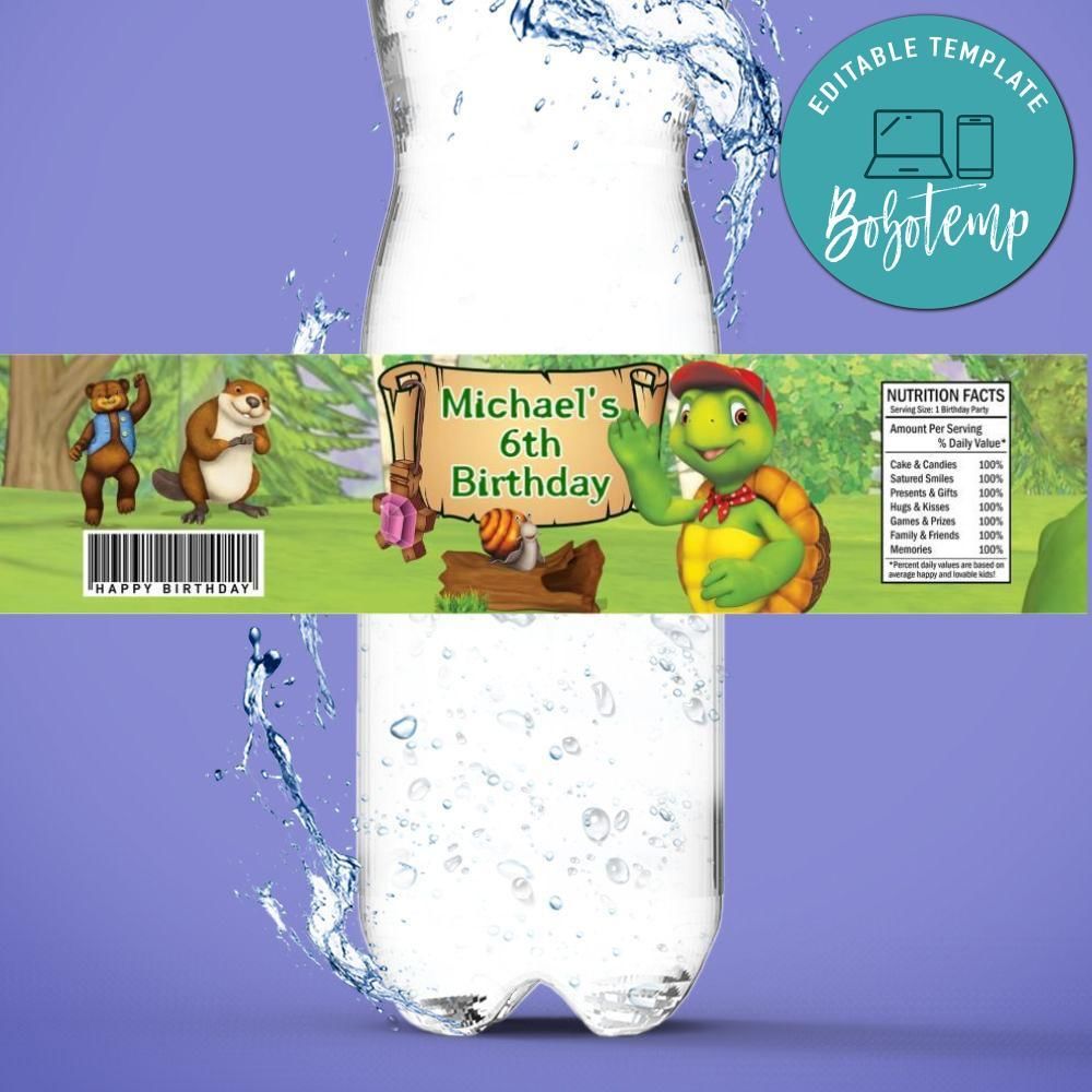 Franklin the turtle Birthday Water Bottle Label Template to Print at Home Instant Download