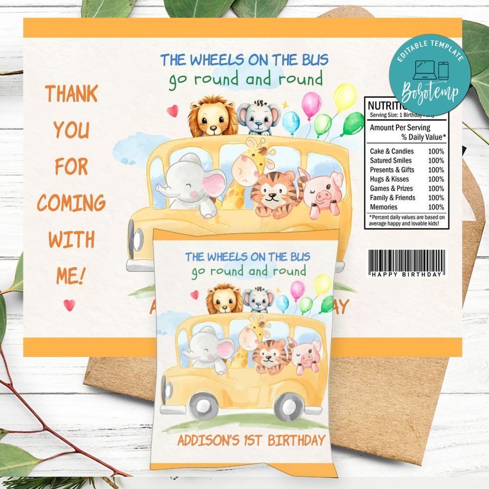 School bus animals Birthday Party Chip Bag Digital File Printable Instant Download