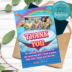 Barbie Dolphin Magic Thank You Card Customizable Template To Print At Home Instant Download