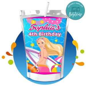 Barbie Pool Party Capri Sun Birthday Labels Digital File Printable Instant Download