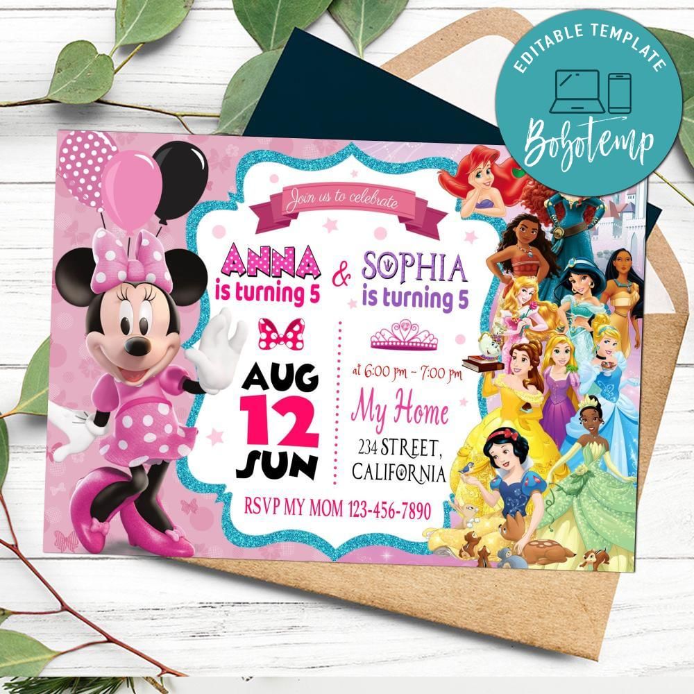 Minnie Mouse and Disney princesses Invitation Customizable DIY | Bobotemp