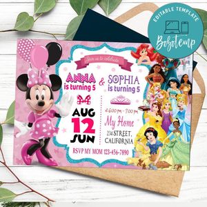 Minnie Mouse and Disney princesses Invitation Customizable Template to Print at Home Instant Download