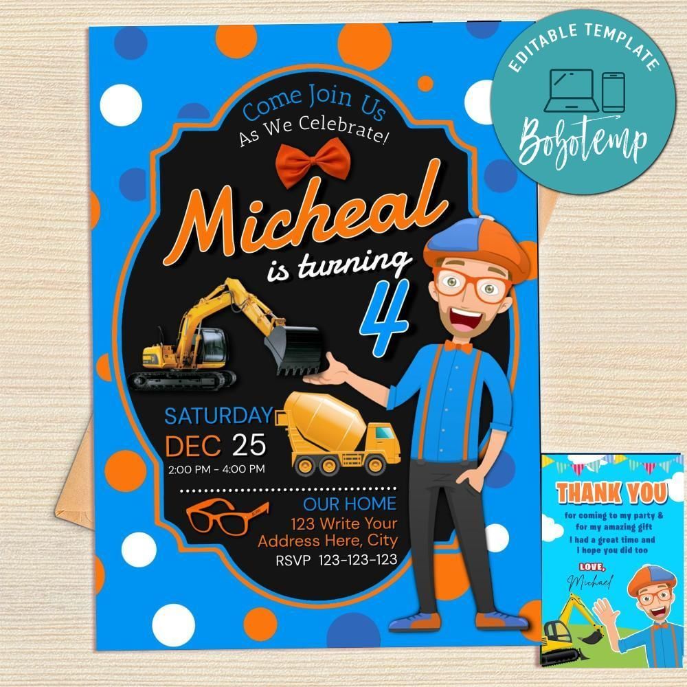 Blippi Invitation Template Free Thank You Card Printable