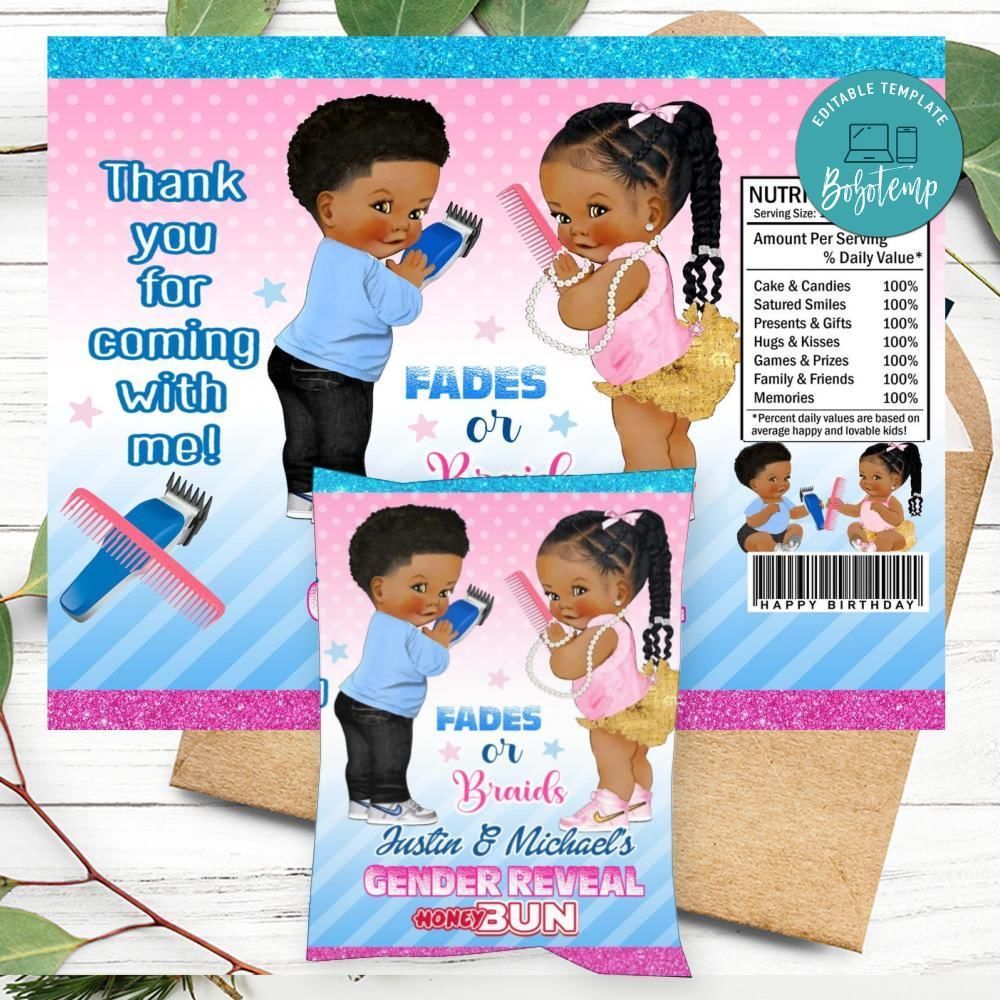 Fades Or Braids Gender Reveal Birthday Honey Buns Snack Bag Label Customizable Instant Download