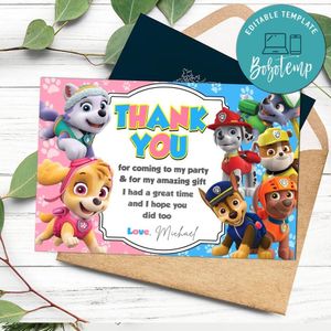 Paw Patrol Twins Birthday Thank You Card Customizable Template To Print At Home Instant Download