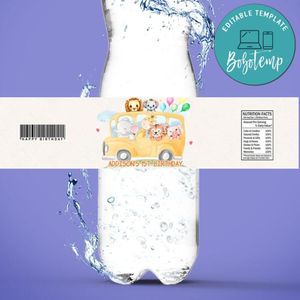 School Bus Animals Birthday Water Bottle Label Template To Print At Home Instant Download