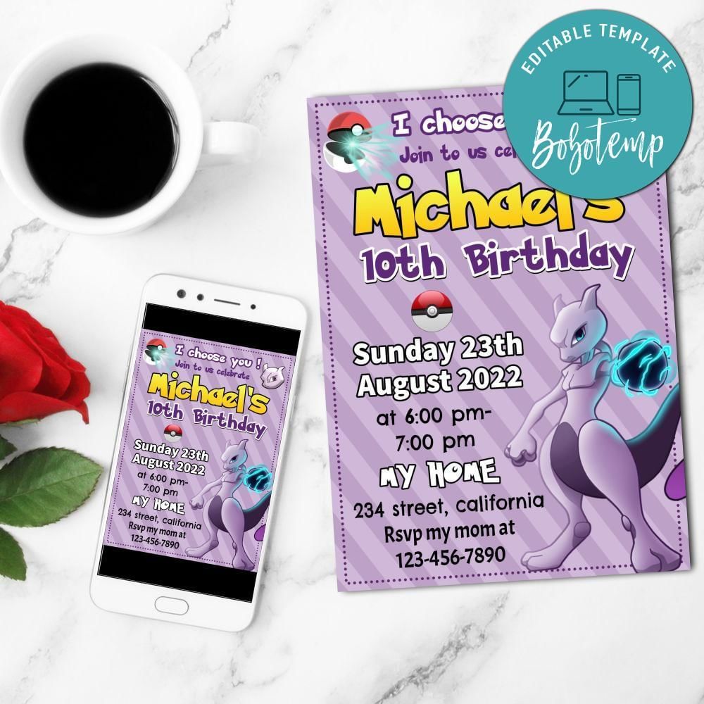 Mewtwo Birthday Party Mobile Invite Customizable Template Instant Download