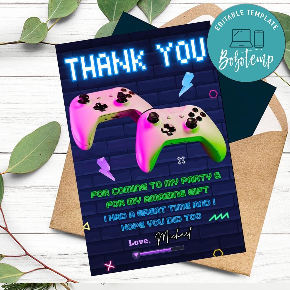 Video Game Thank You Card Customizable Template DIY | Bobotemp