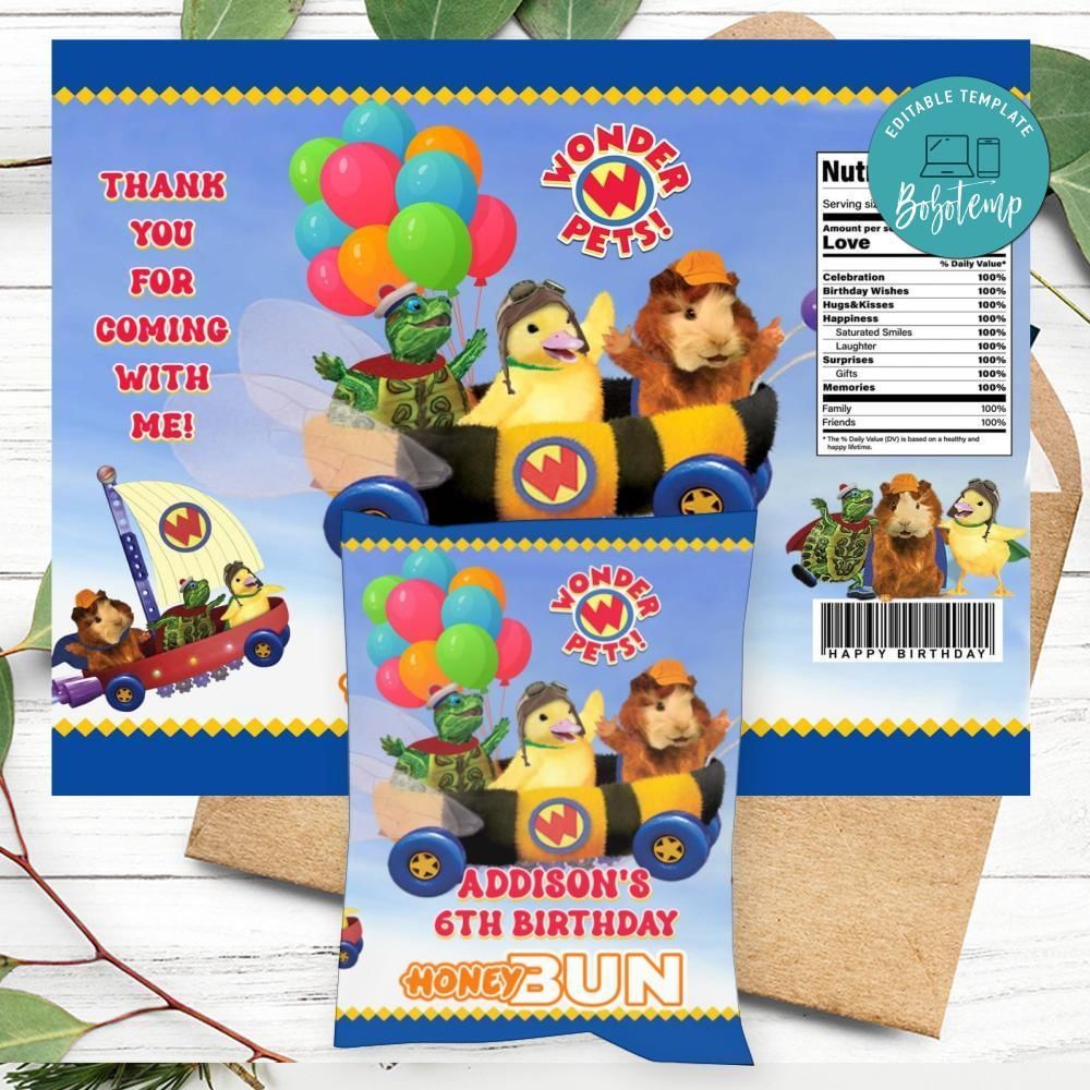 Wonder Pets Birthday Honey Buns Snack Bag Label Customizable Instant Download