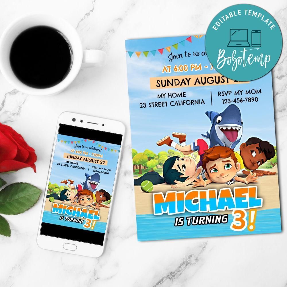 Sharkdog Birthday Mobile Invite Customizable Template Instant Download