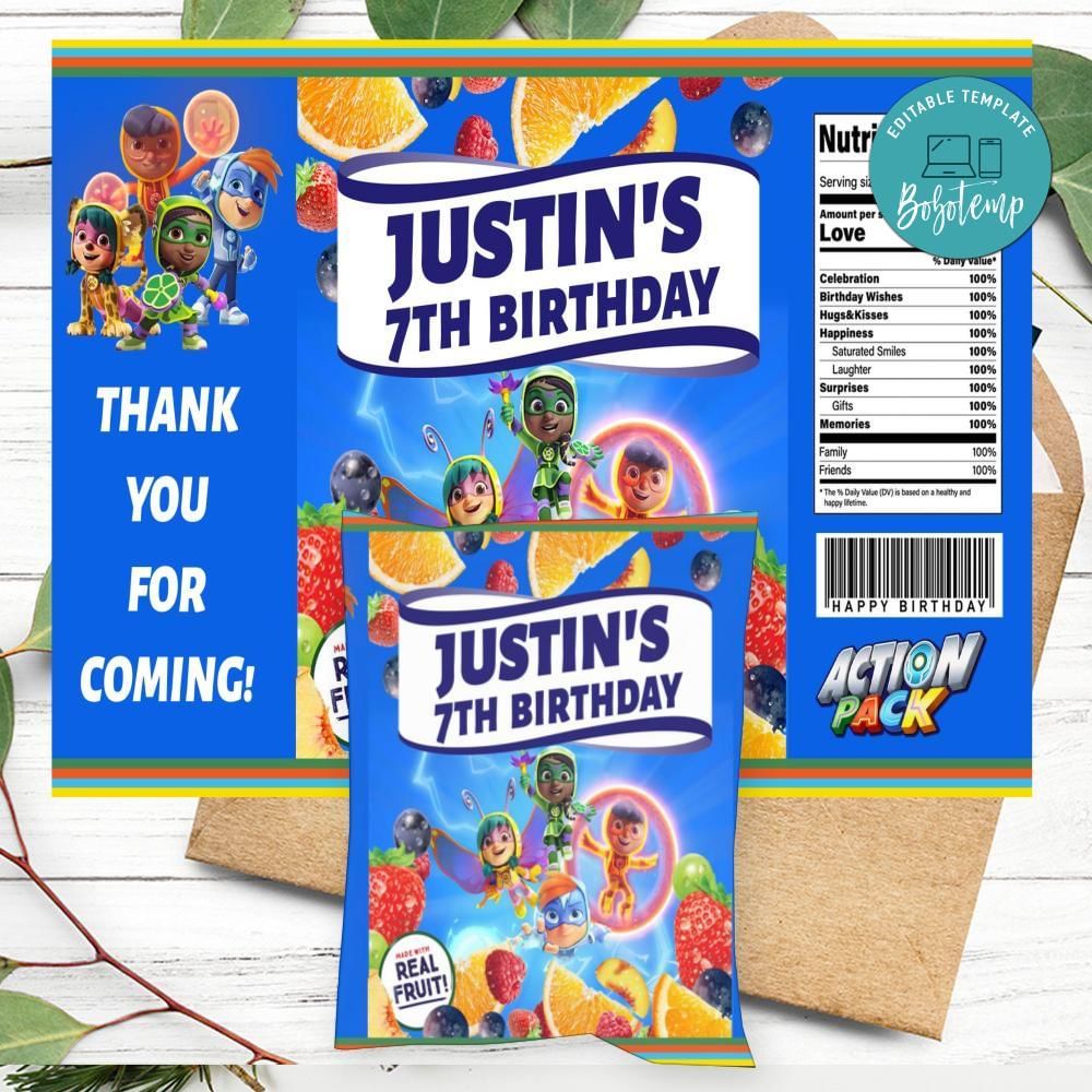 Action Pack Birthday Party Fruit Snack Bag Digital File | Bobotemp Shop