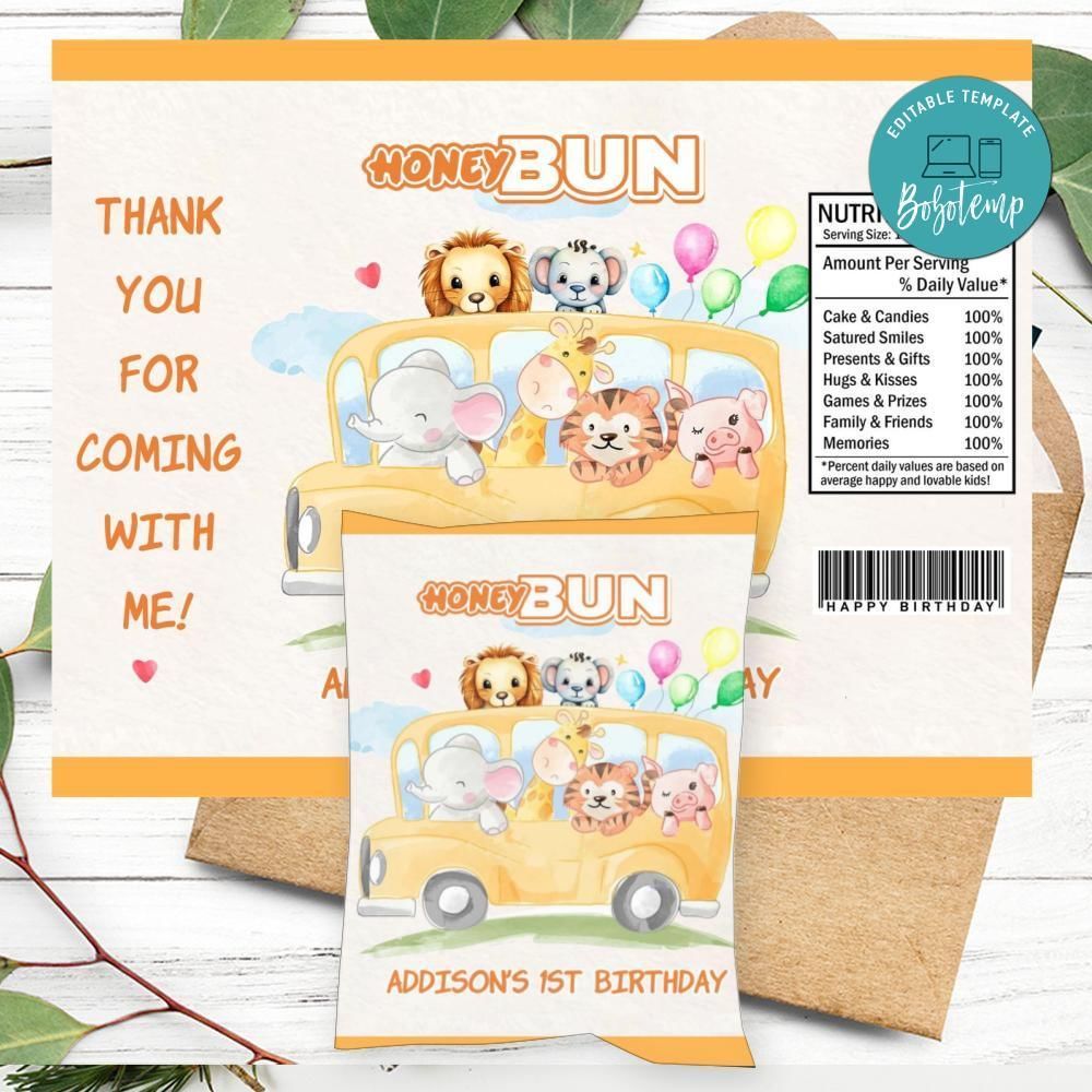 School Bus Animals Birthday Honey Buns Snack Bag Label Customizable Instant Download