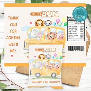 School Bus Animals Birthday Honey Buns Snack Bag Label Customizable Instant Download
