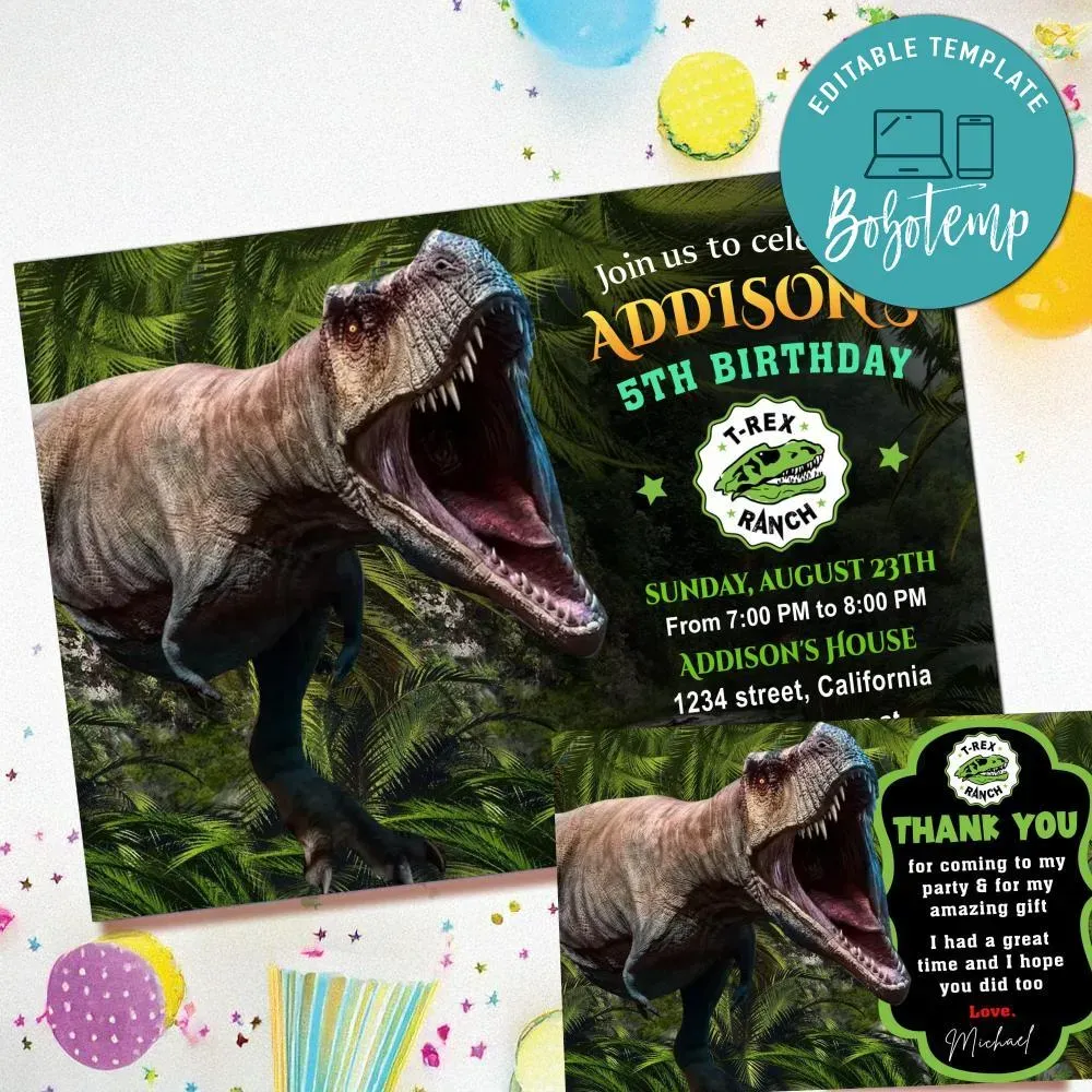T-rex Ranch Invitation Template Free Thank You Card Printable | Bobotemp