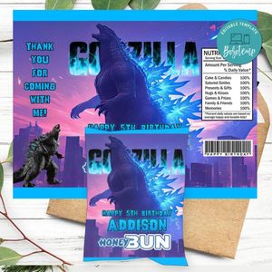 Godzilla Birthday Honey Buns Snack Bag Label Customizable Instant Download