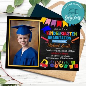 Kindergarten Graduation With Photo Invitation Customizable Template to Print at Home Instant Download