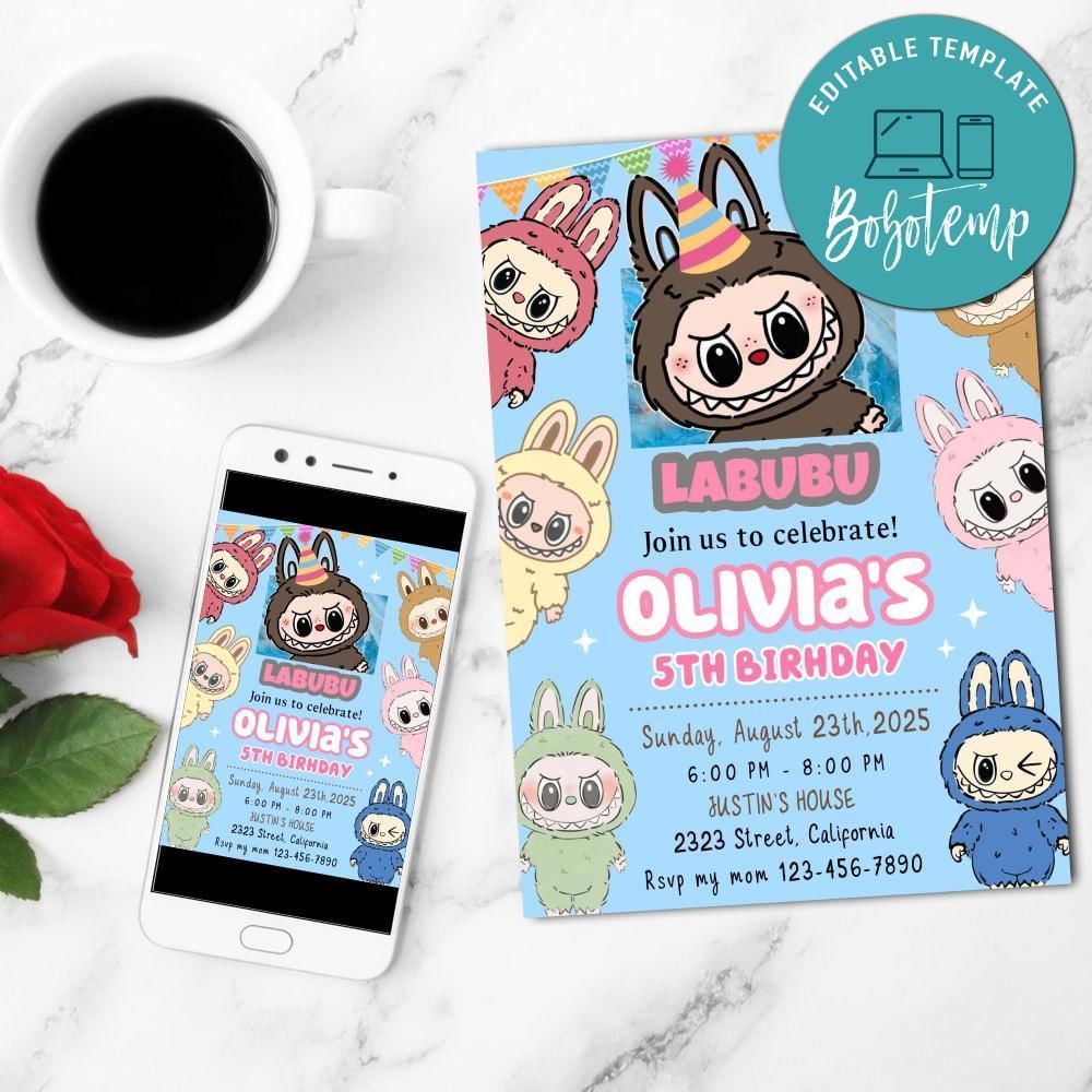 Labubu Birthday Invitation Customizable Template to Print at Home Instant Download