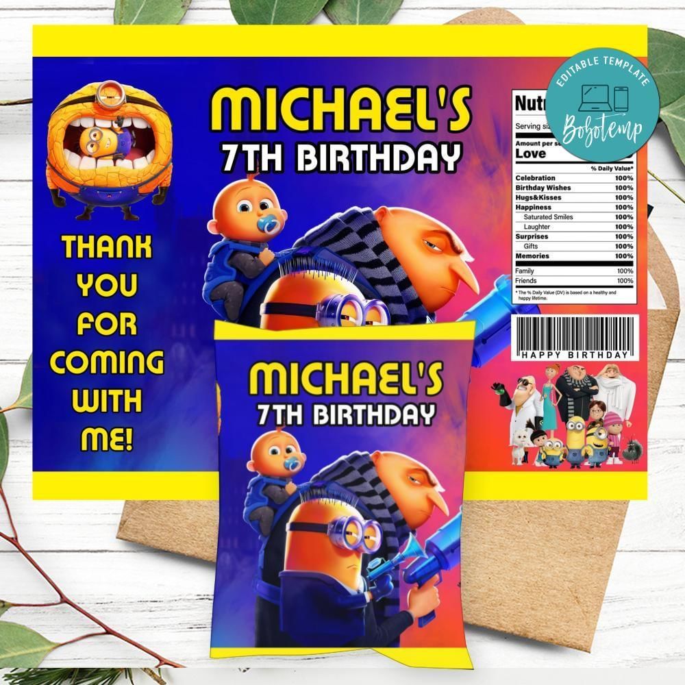 Despicable me 4 Birthday Party Chip Bag Digital File Printable Instant Download