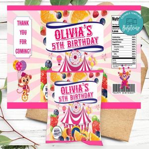 Pink Carnival Birthday Party Fruit Snack Bag Digital File Printable Instant Download