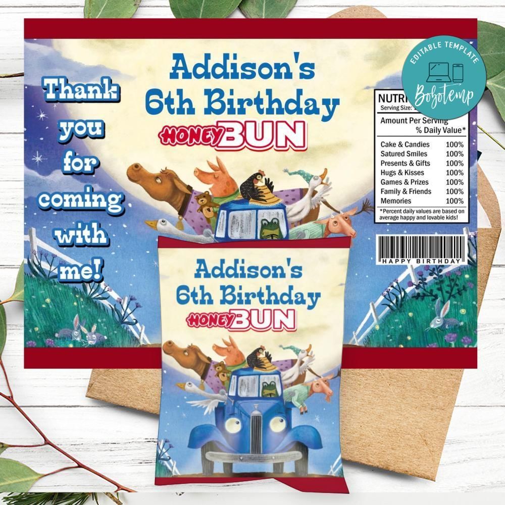 Little Blue Truck Birthday Honey Buns Snack Bag Label Customizable Instant Download