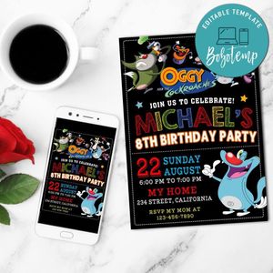 Oggy And The Cockroaches Mobile Invite Customizable Template Instant Download
