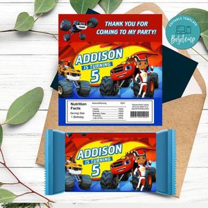 Blaze and the Monster Candy bar Label Customizable Template Instant Download