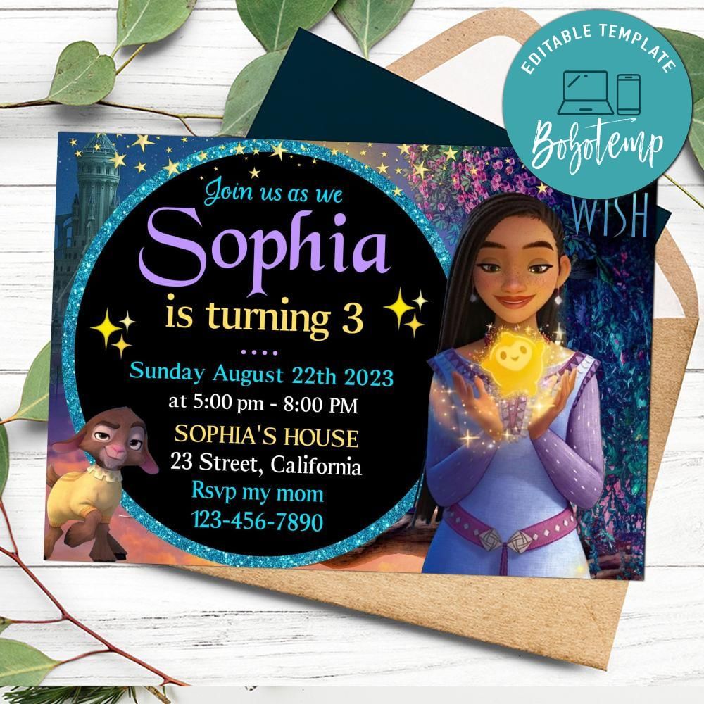 Wish Disney Birthday Invitation Customizable Template DIY Bobotemp