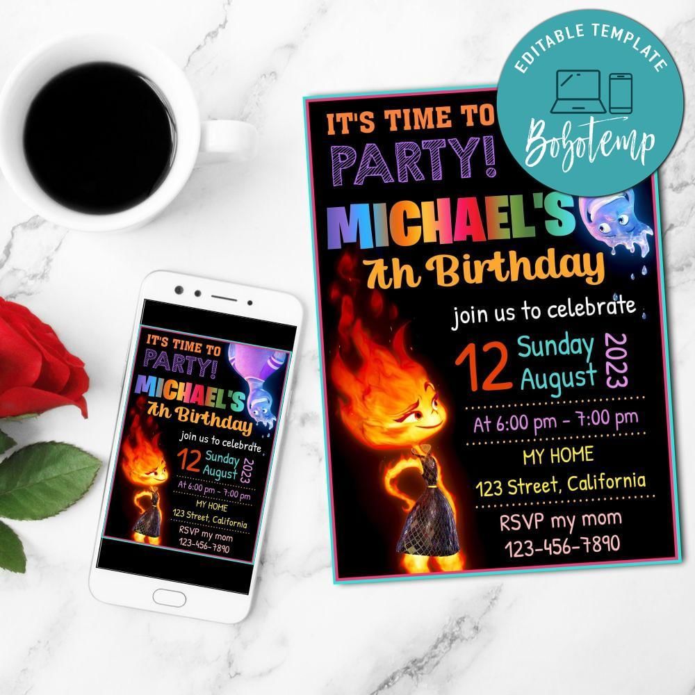 Elemental Pixar Mobile Invite Customizable Template Instant Download
